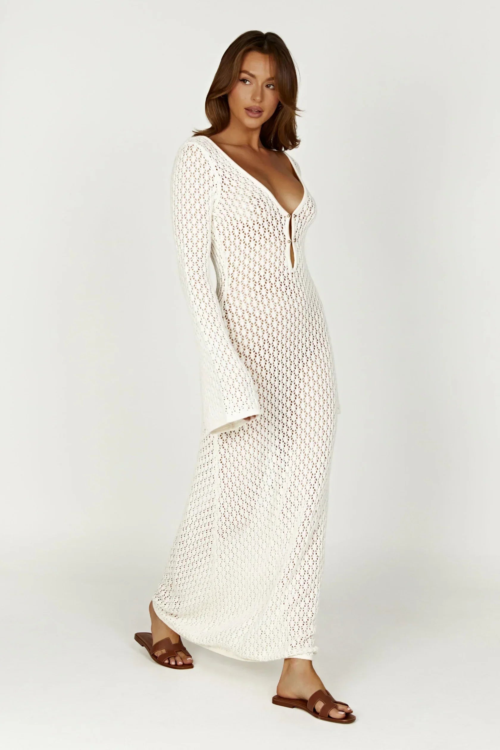 Kelsey | Breezy Flared Sleeve Open-Knit Maxi Dress