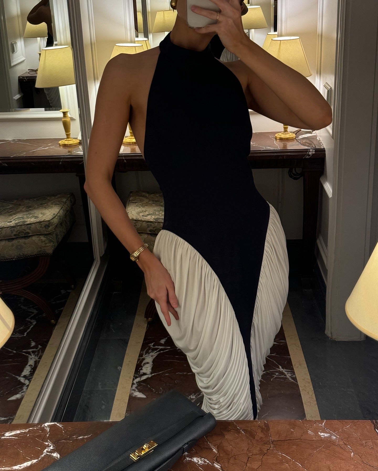 Francesca | Women's Black & White High-Neck Sleeveless Backless Pleated Midi Dress