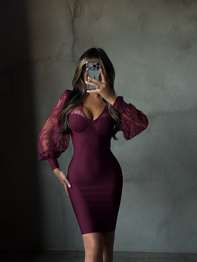burgundy bodycon lace dress Lace Long Sleeve Bodycon in Burgundy