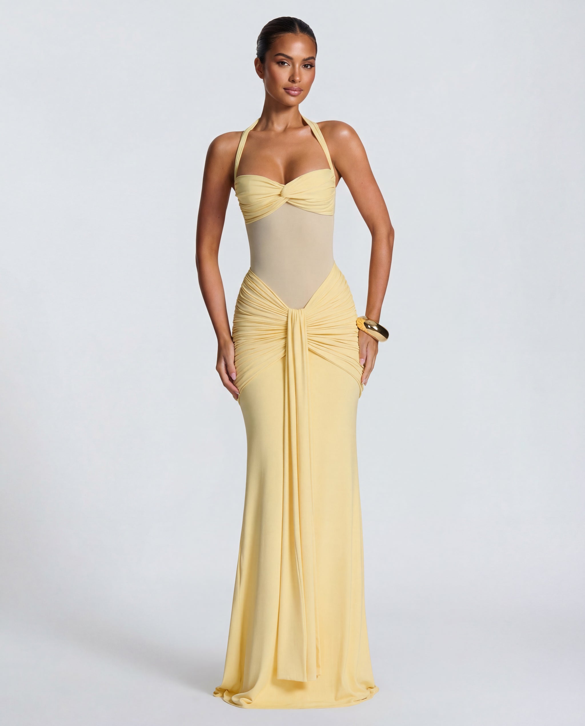 Radiant Yellow Halter Neck Ruched Maxi Dress