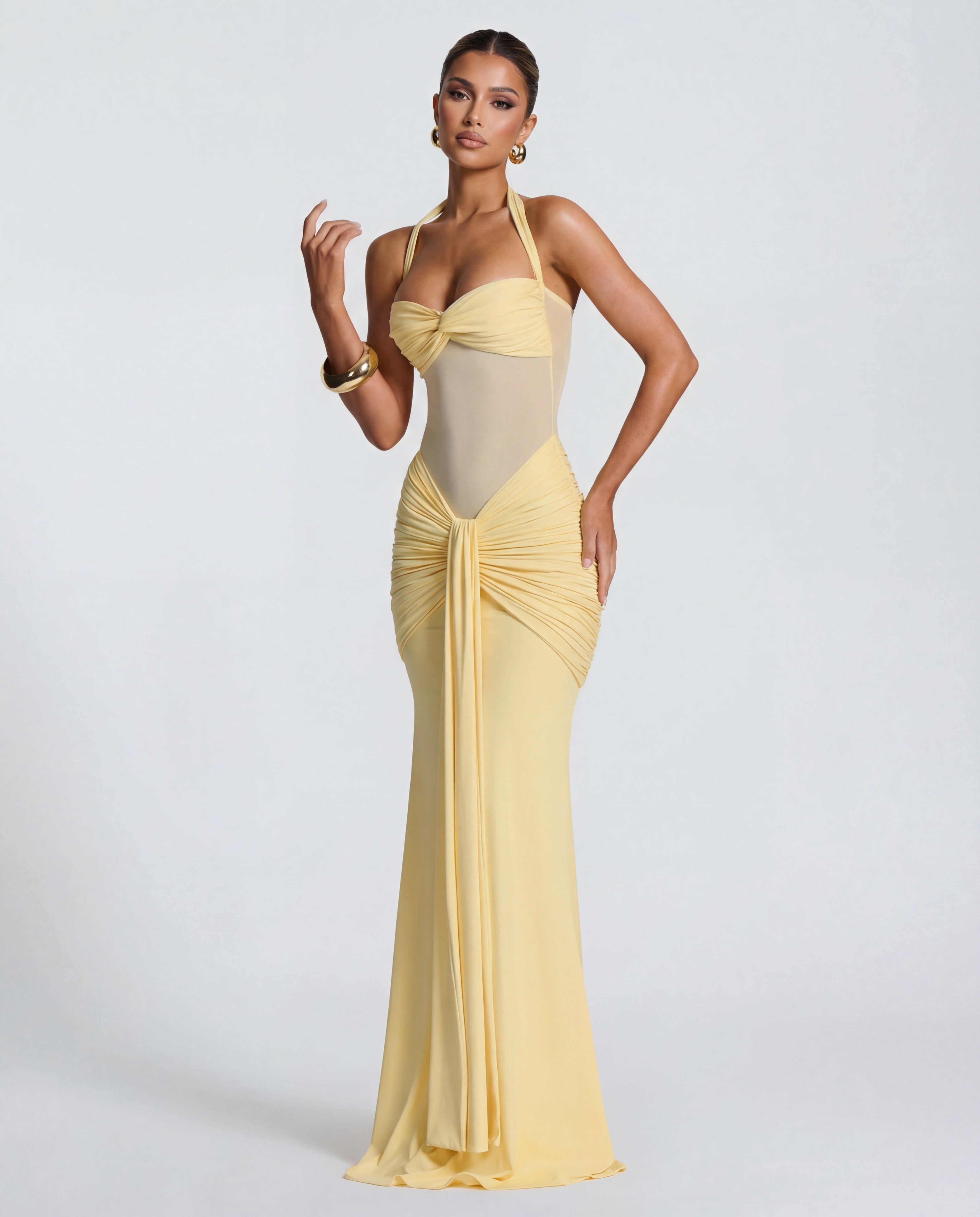 Rosabella | Radiant Yellow Halter Neck Ruched Maxi Dress