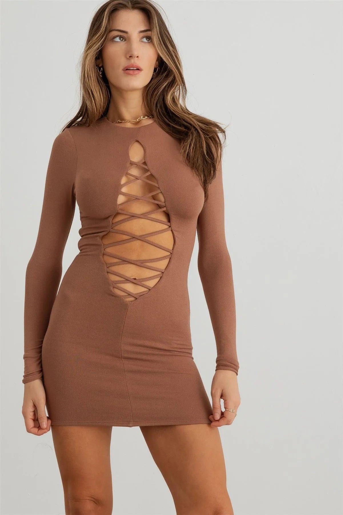 Ribbed Bodycon Front Lace-Up Long Sleeve Mini Dress