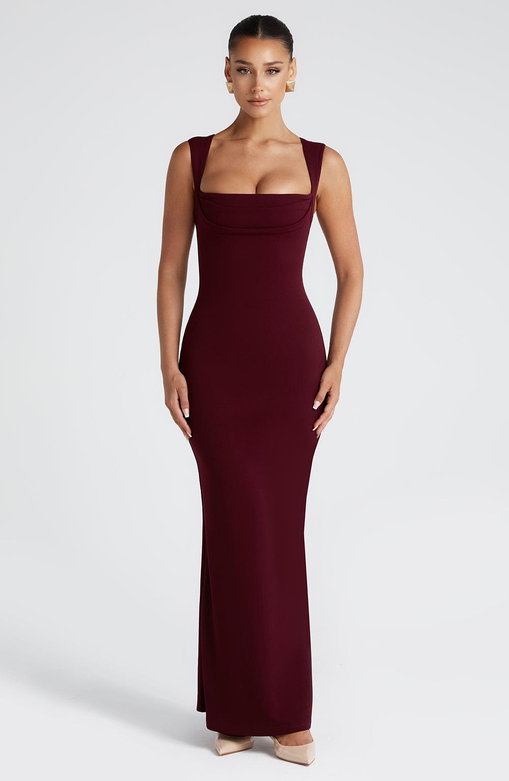 burgundy square neck dress Burgundy Square Neck Sheer Sleeve Midi Dress