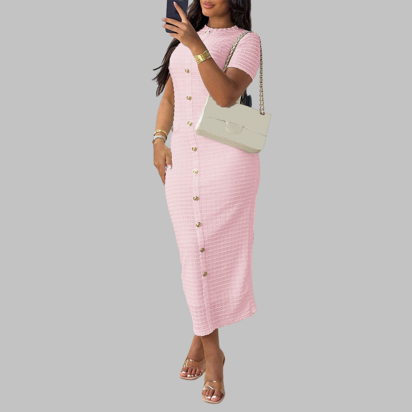 Elegant Round Neck Fake Button Dress | LouLou Couture