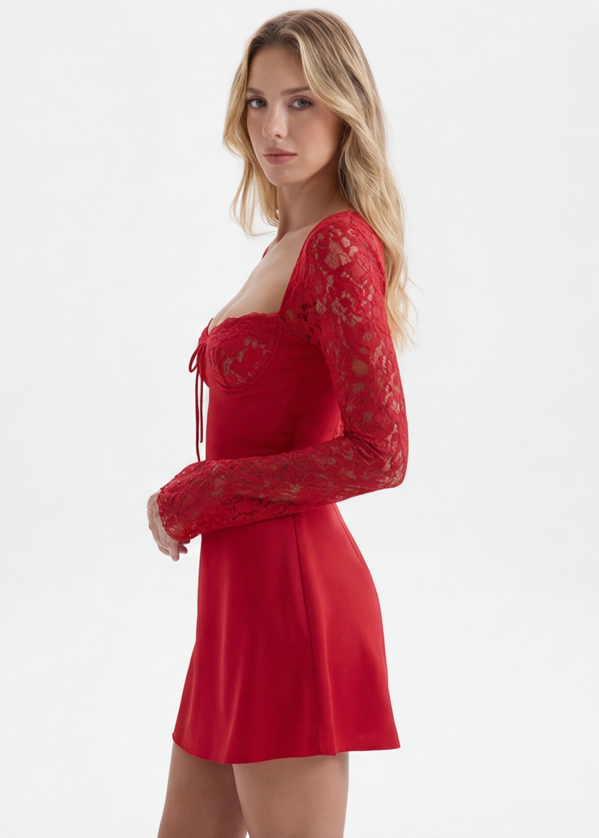 Long Sleeve Bustier Red Lace Mini Dress Long Sleeve Bustier Red Lace Mini Dress