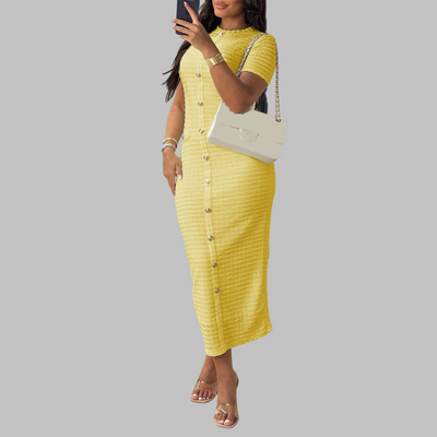 Elegant Round Neck Fake Button Dress | LouLou Couture