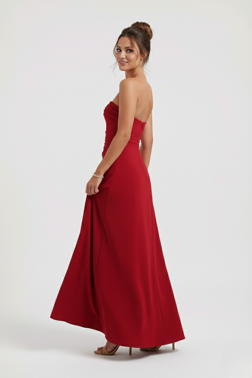 leg split maxi dress Strapless Ruched Crepe Thigh-High Split Maxi Dress