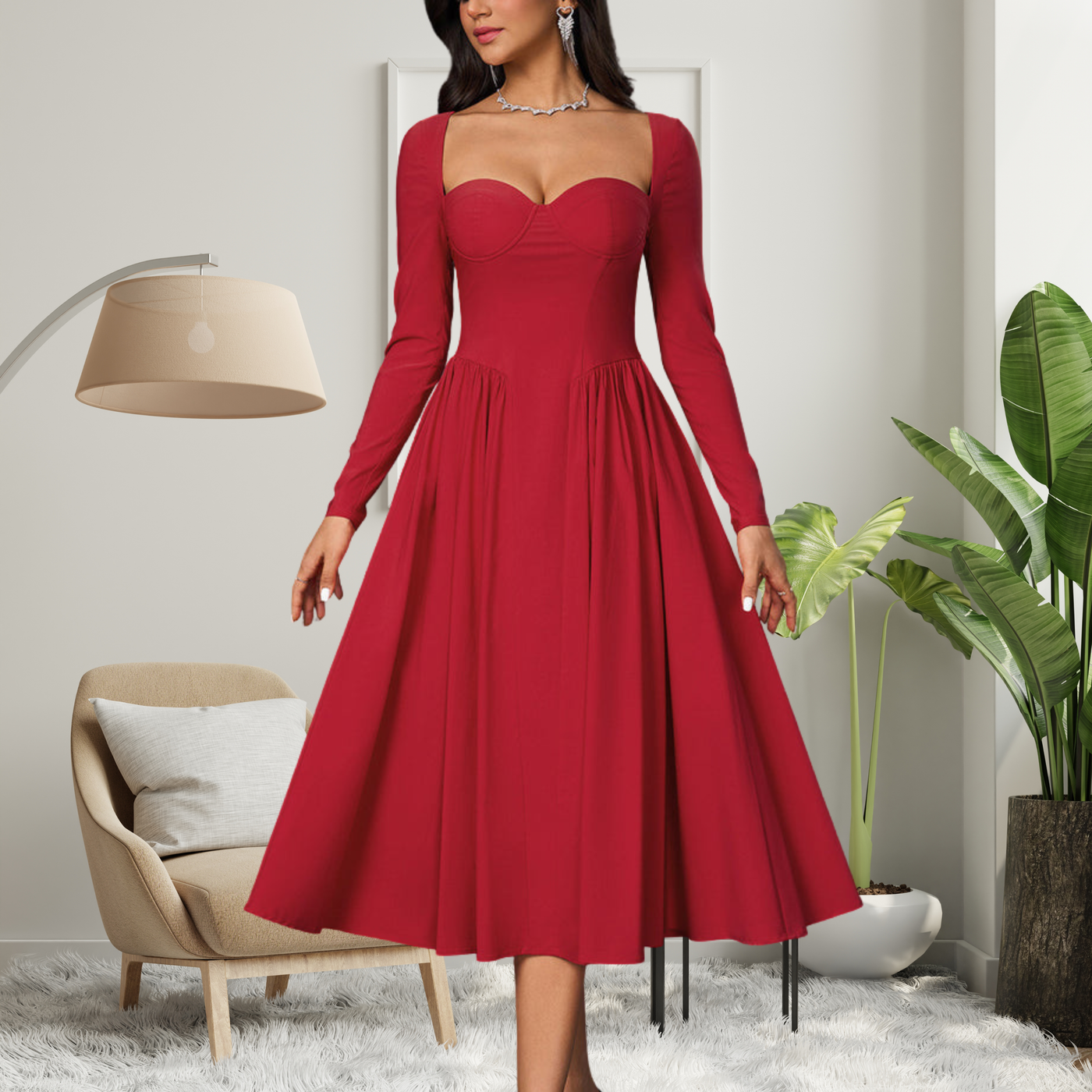 Elegant Heart Neckline Long Sleeve A-Line Maxi Dress | LouLou Couture