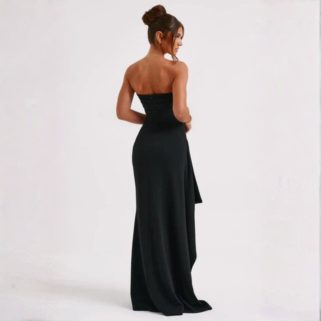 Strapless Ruched Crepe Thigh-High Split Maxi Dress Strapless Ruched Crepe Thigh-High Split Maxi Dress