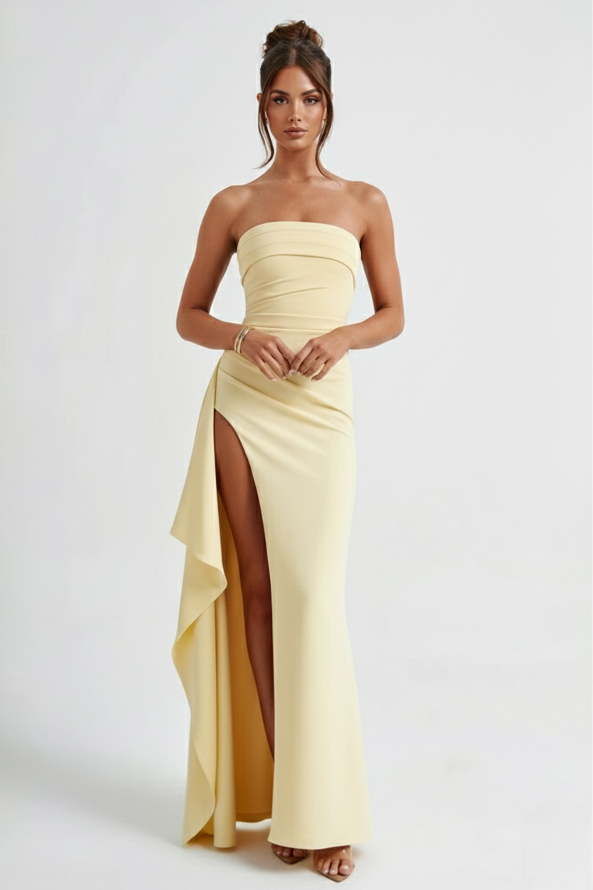 Strapless Ruched Crepe Thigh-High Split Maxi Dress Strapless Ruched Crepe Thigh-High Split Maxi Dress