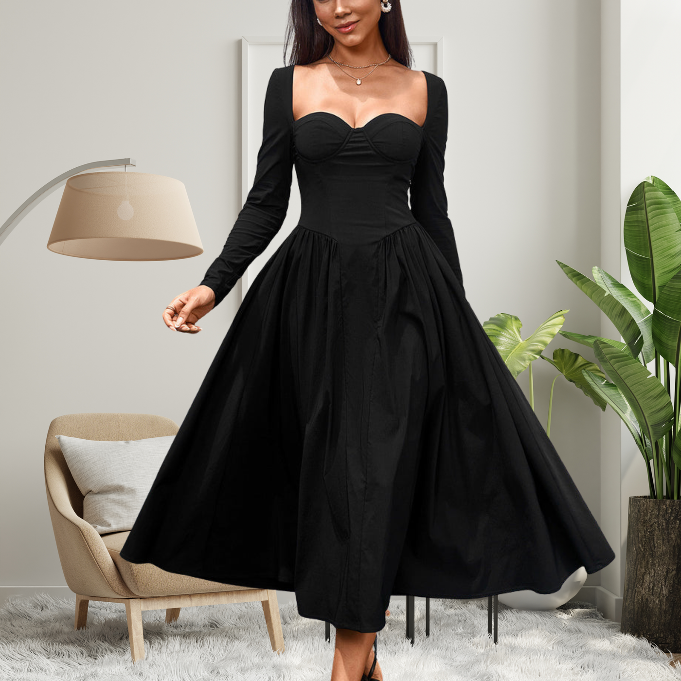 Elegant Heart Neckline Long Sleeve A-Line Maxi Dress | LouLou Couture