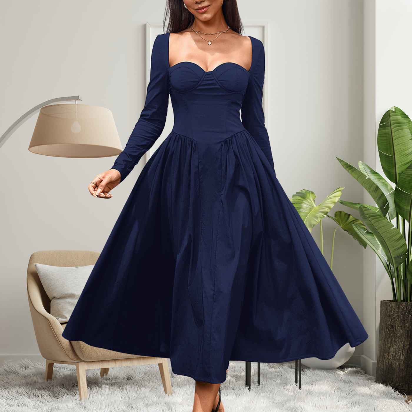 Elegant Heart Neckline Long Sleeve A-Line Maxi Dress | LouLou Couture