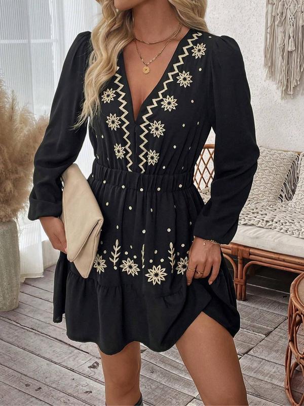 Elegant Embroidered Long Sleeve Casual Dress | LouLou Couture