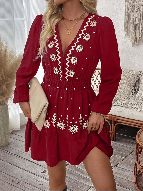 Elegant Embroidered Long Sleeve Casual Dress | LouLou Couture