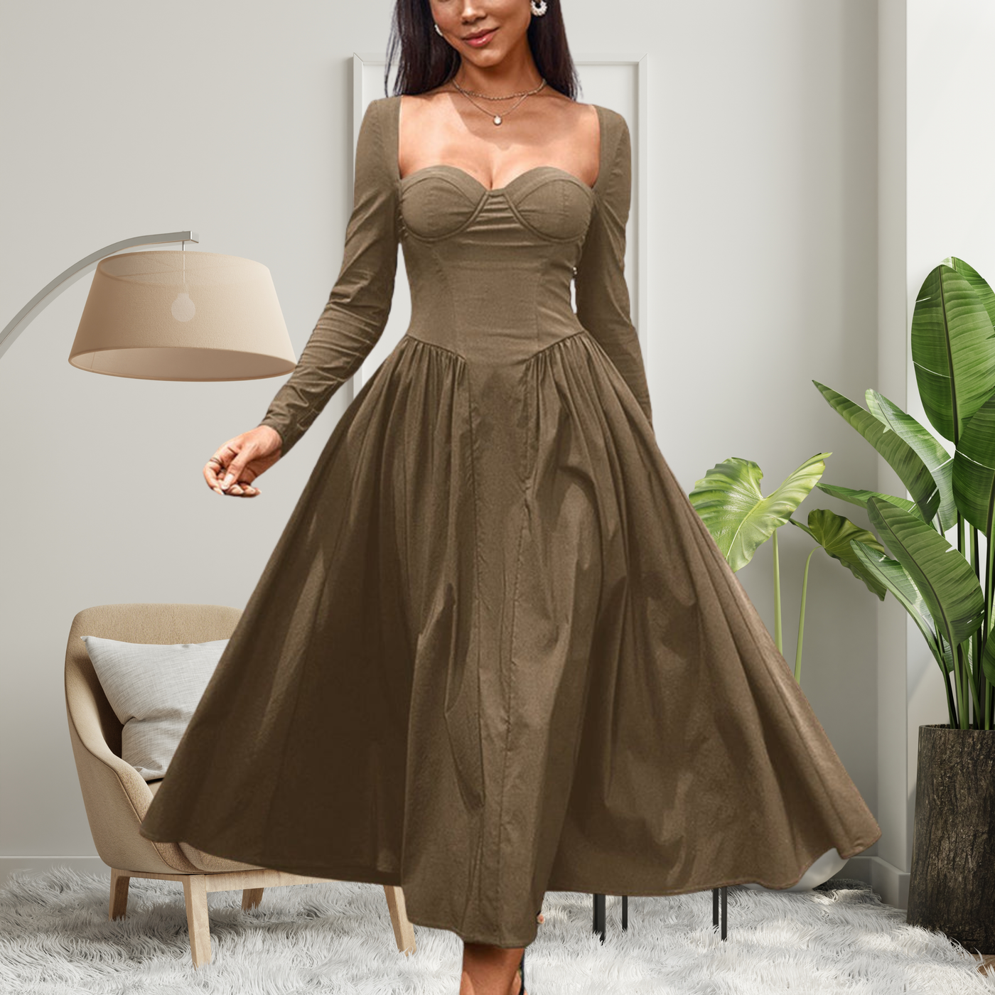 Elegant Heart Neckline Long Sleeve A-Line Maxi Dress | LouLou Couture