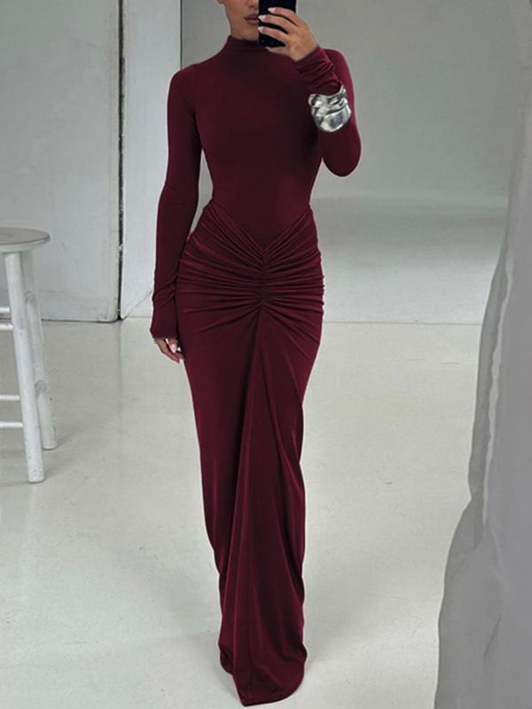 Classy Ruched Long Sleeve Mock Bodycon Maxi Dress | LouLou Couture