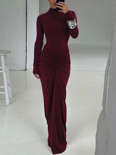 Classy Ruched Long Sleeve Mock Bodycon Maxi Dress | LouLou Couture