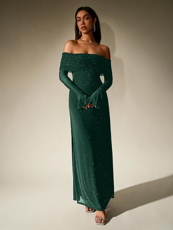 Off Shoulder Ruched Sequin Bodycon Evening Gown | LouLou Couture