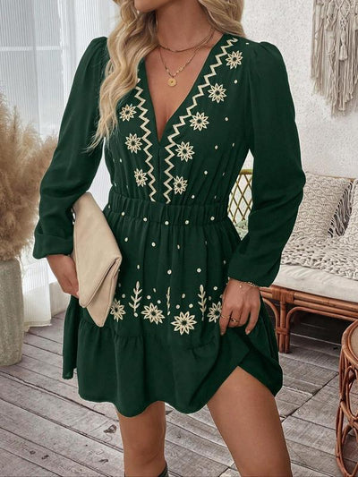 Elegant Embroidered Long Sleeve Casual Dress | LouLou Couture