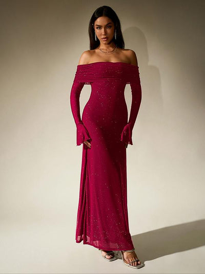 Off Shoulder Ruched Sequin Bodycon Evening Gown | LouLou Couture