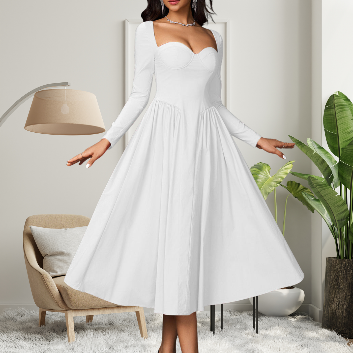 Elegant Heart Neckline Long Sleeve A-Line Maxi Dress | LouLou Couture