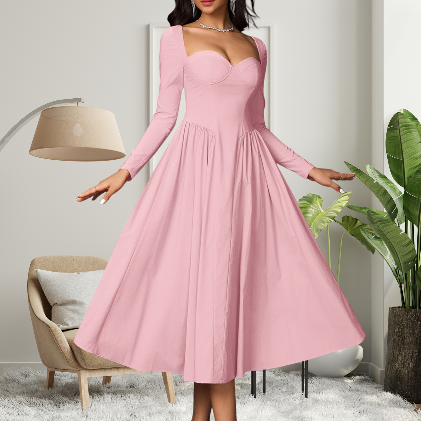 Elegant Heart Neckline Long Sleeve A-Line Maxi Dress | LouLou Couture