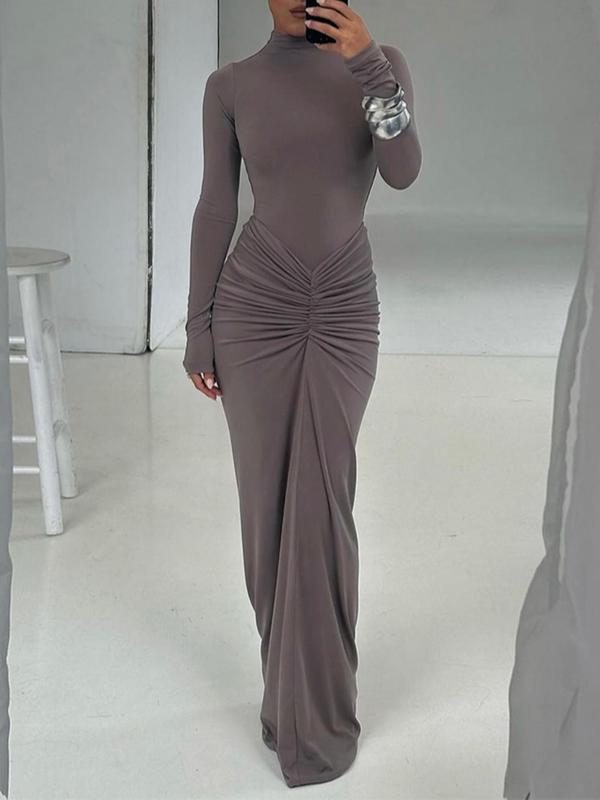 Classy Ruched Long Sleeve Mock Bodycon Maxi Dress | LouLou Couture