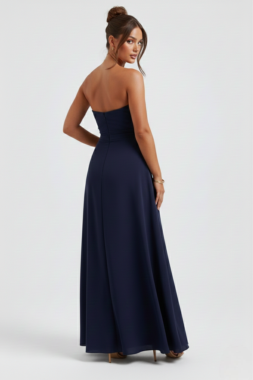Strapless Ruched Crepe Thigh-High Split Maxi Dress Strapless Ruched Crepe Thigh-High Split Maxi Dress