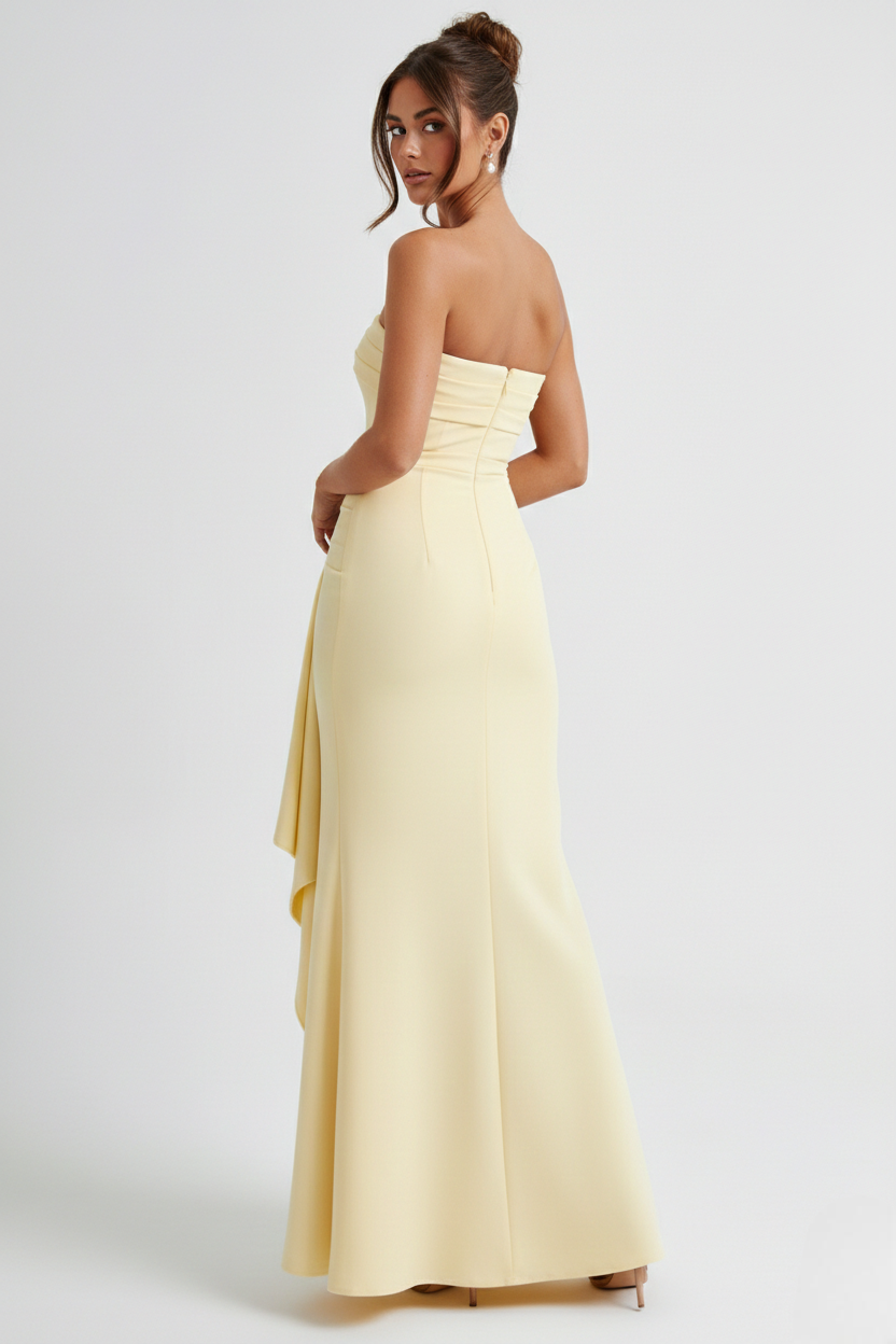 Strapless Ruched Crepe Thigh-High Split Maxi Dress Strapless Ruched Crepe Thigh-High Split Maxi Dress