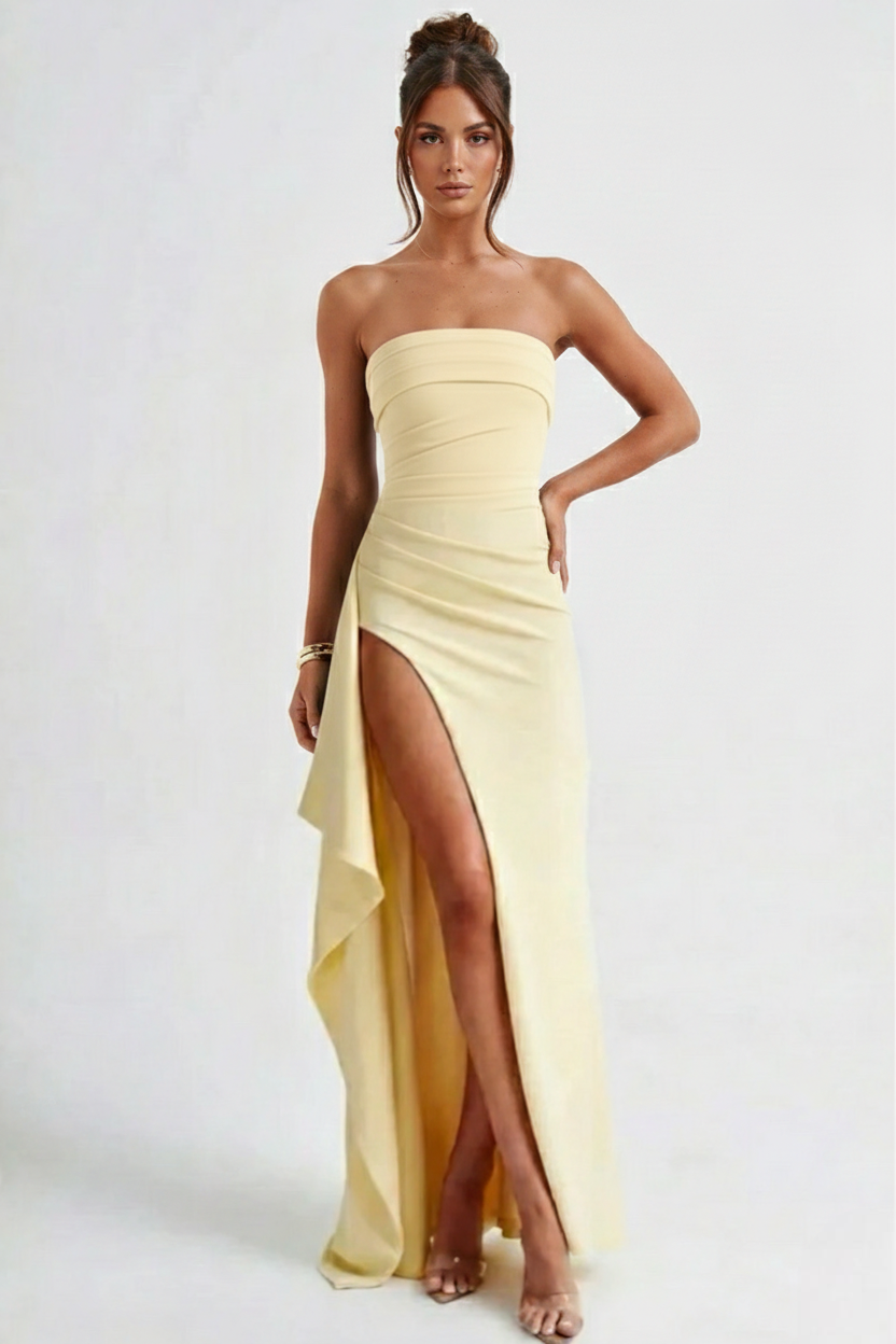 Strapless Ruched Crepe Thigh-High Split Maxi Dress Strapless Ruched Crepe Thigh-High Split Maxi Dress