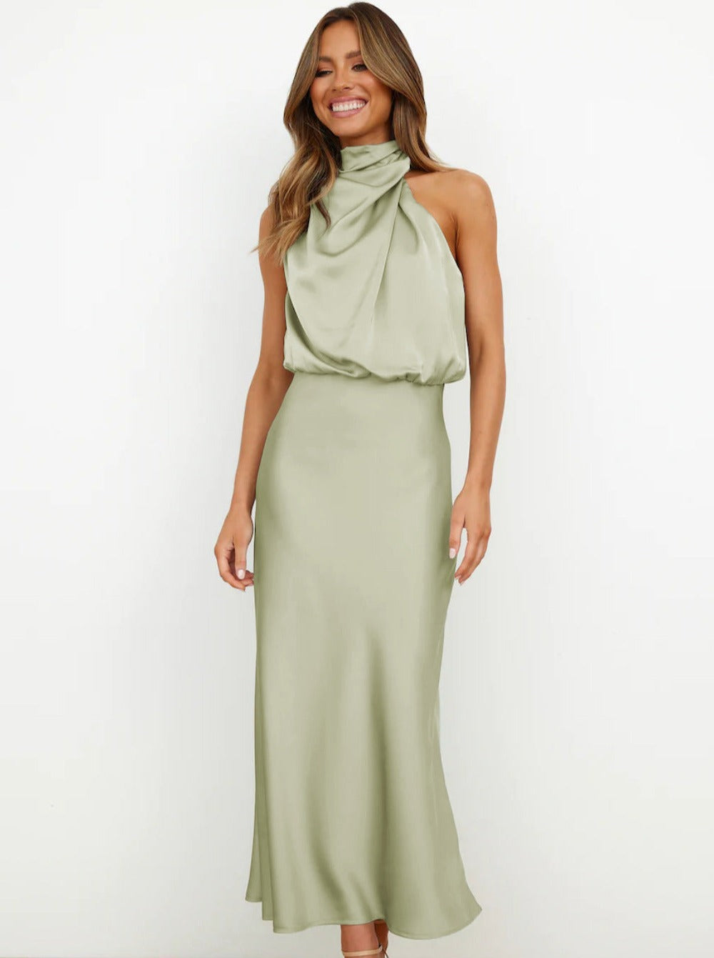 green halter neck dress wedding guest KIZN Sage Green Lace Halter Neck Cowl Front Backless Tie Detail Floor Length Bodycon Maxi Dress Summer Wedding Guest Evening PartyMISSGUIDED