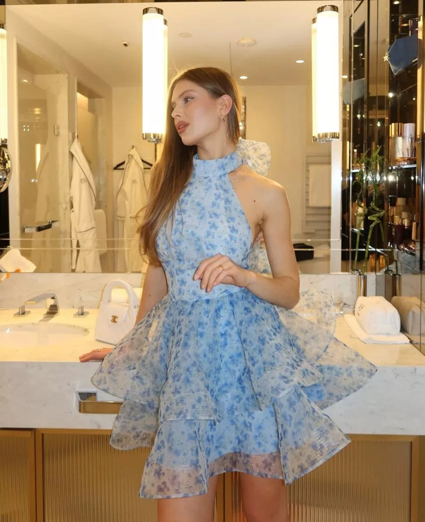 Makenna | Women's Floral High-Neck Tie-Up Mini Summer Dress