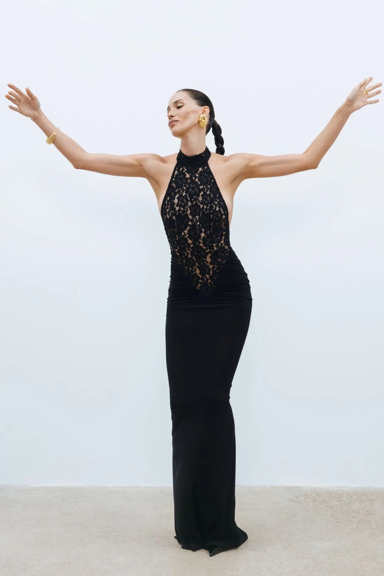Rayna | Women's Black High-Neck Sleeveless Backless Lace Bodycon Maxi Dress