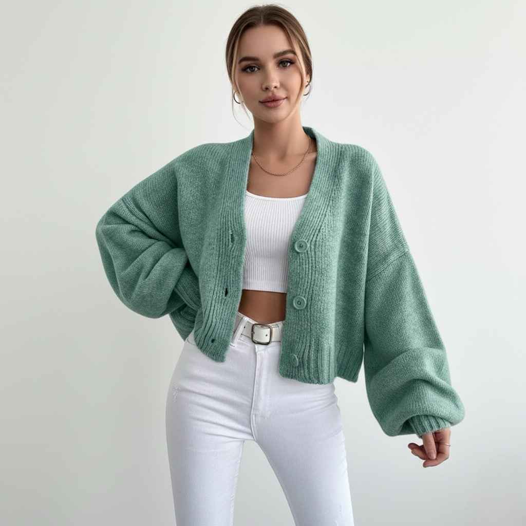 Casual Crop Lantern Sleeve Cardigan | LouLou Couture