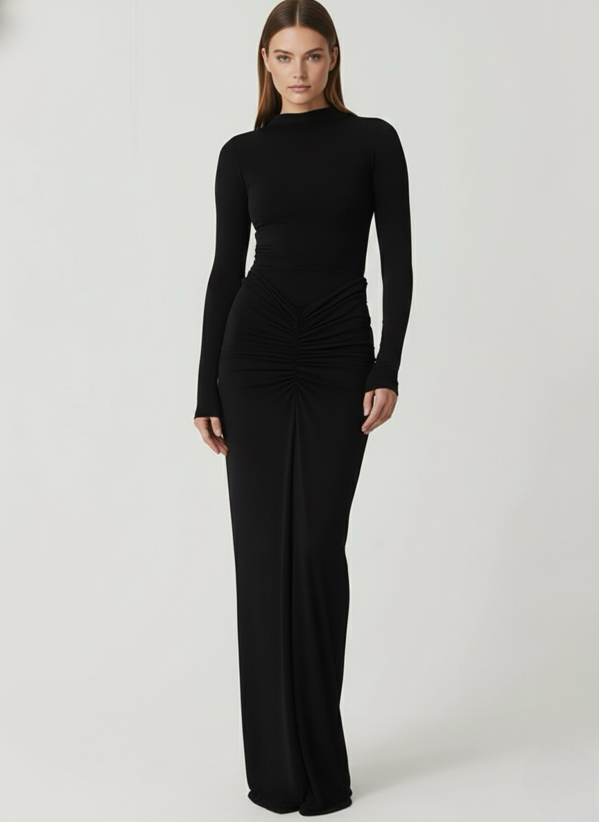 Classy Ruched Long Sleeve Mock Neck Maxi Dress