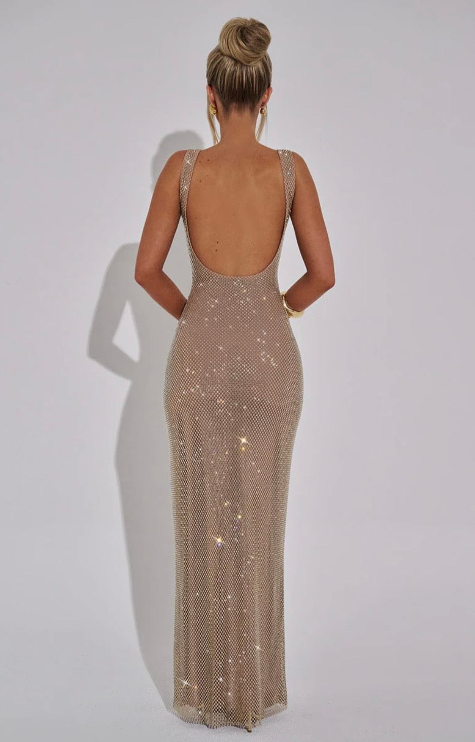 Olivia | Embellished Square Neck Crystal Mesh Maxi Dress