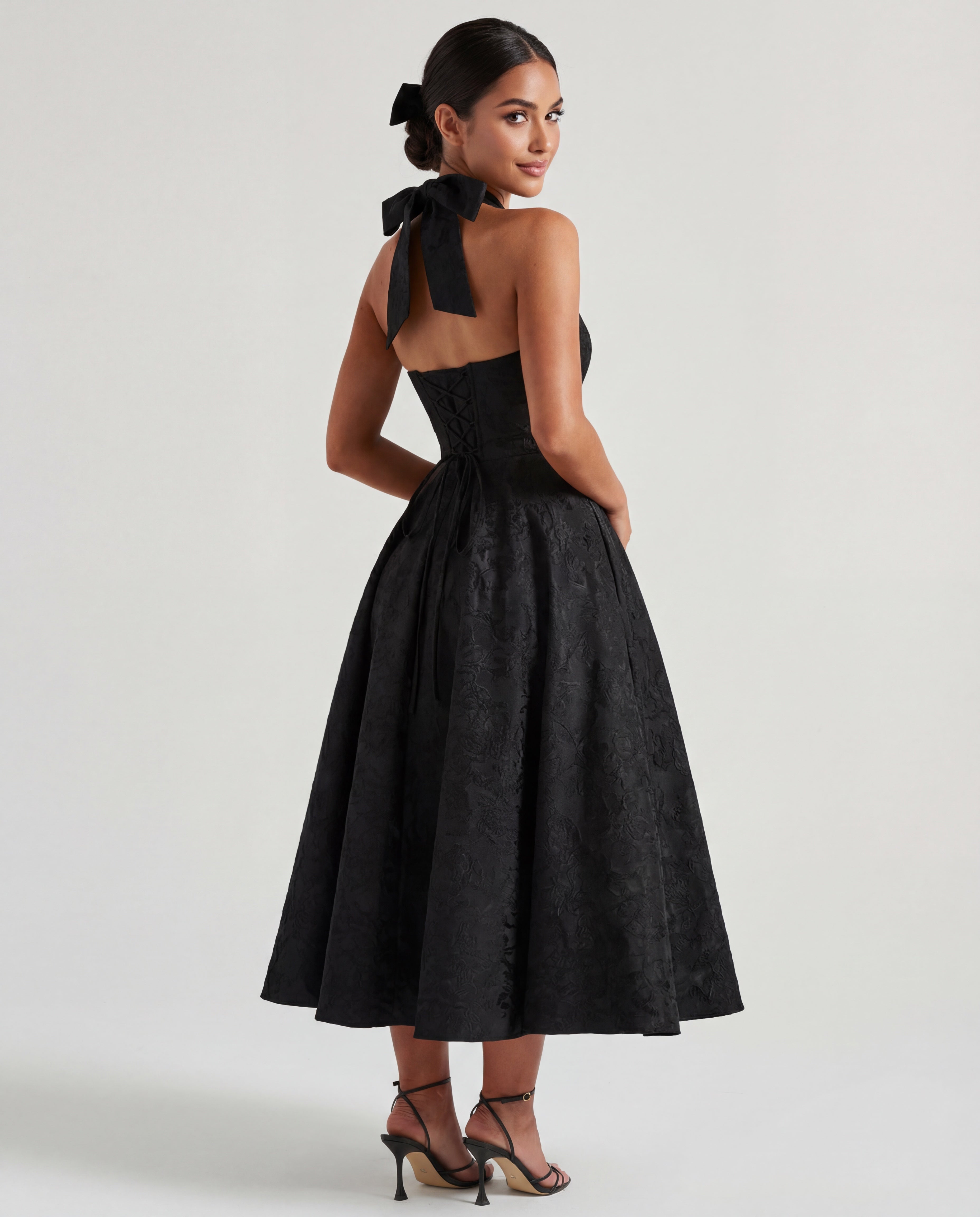 Evelyn | Halterneck Bustier Textured Jacquard Midi Dress Evelyn | Halterneck Bustier Textured Jacquard Midi Dress