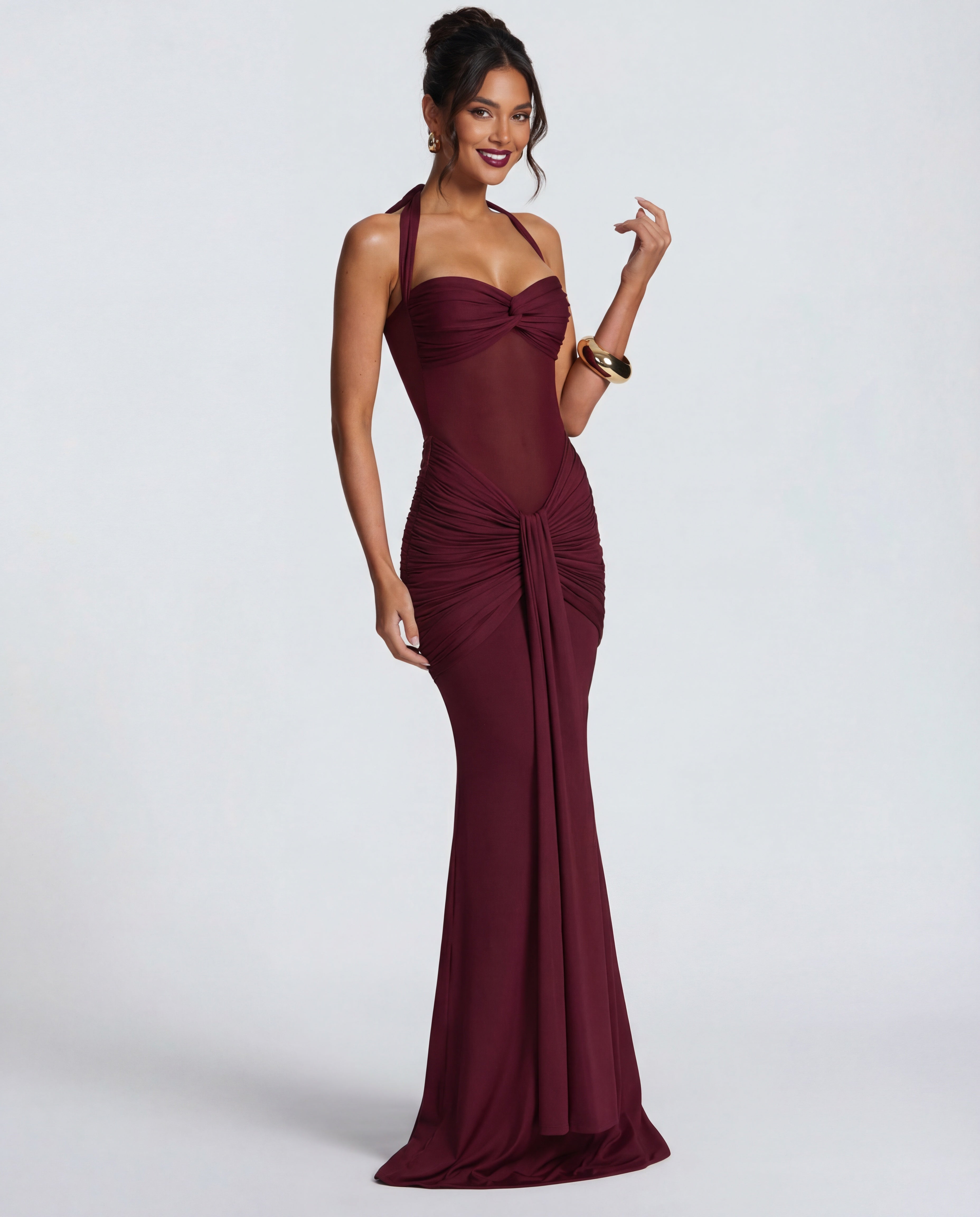 Radiant Yellow Halter Neck Ruched Maxi Dress