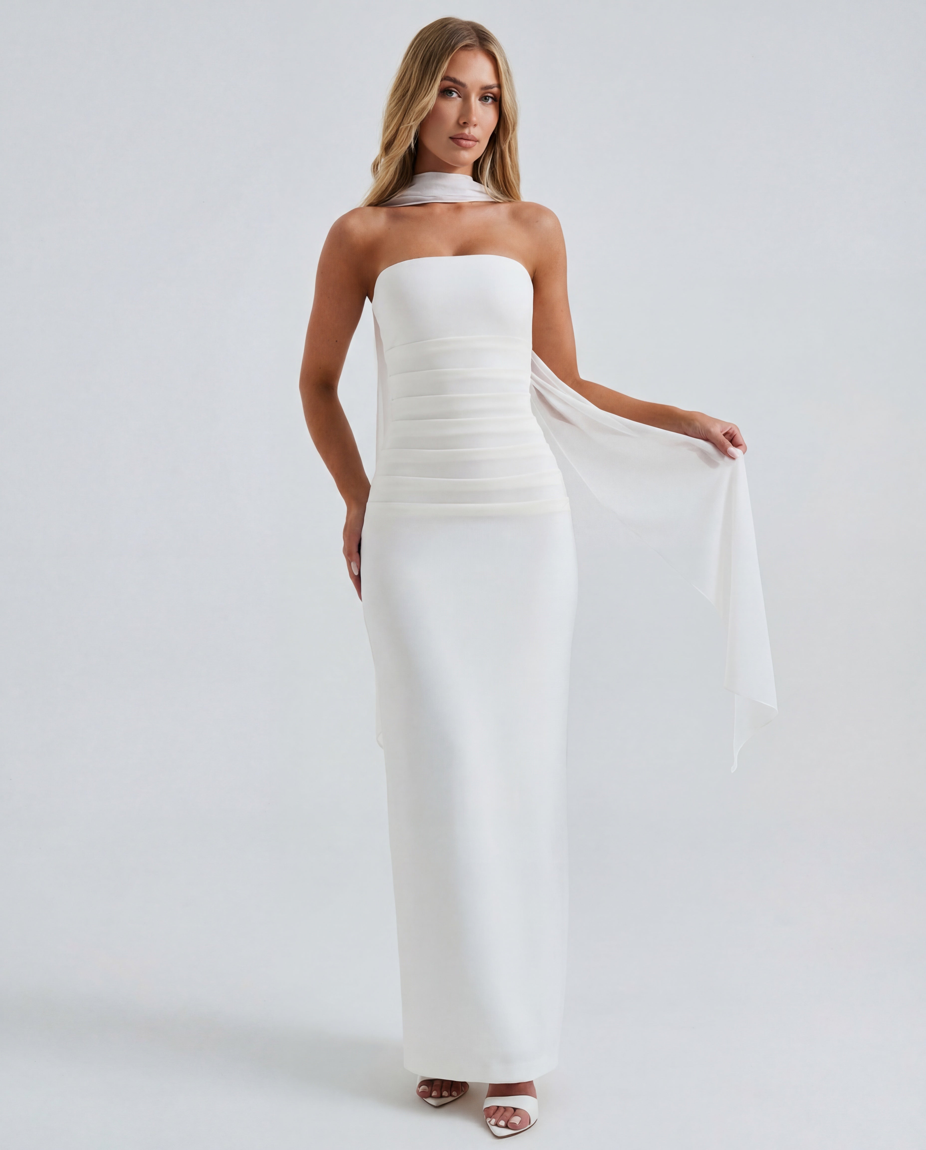 bhldn ella strapless chiffon scarf overlay midi dress BHLDN