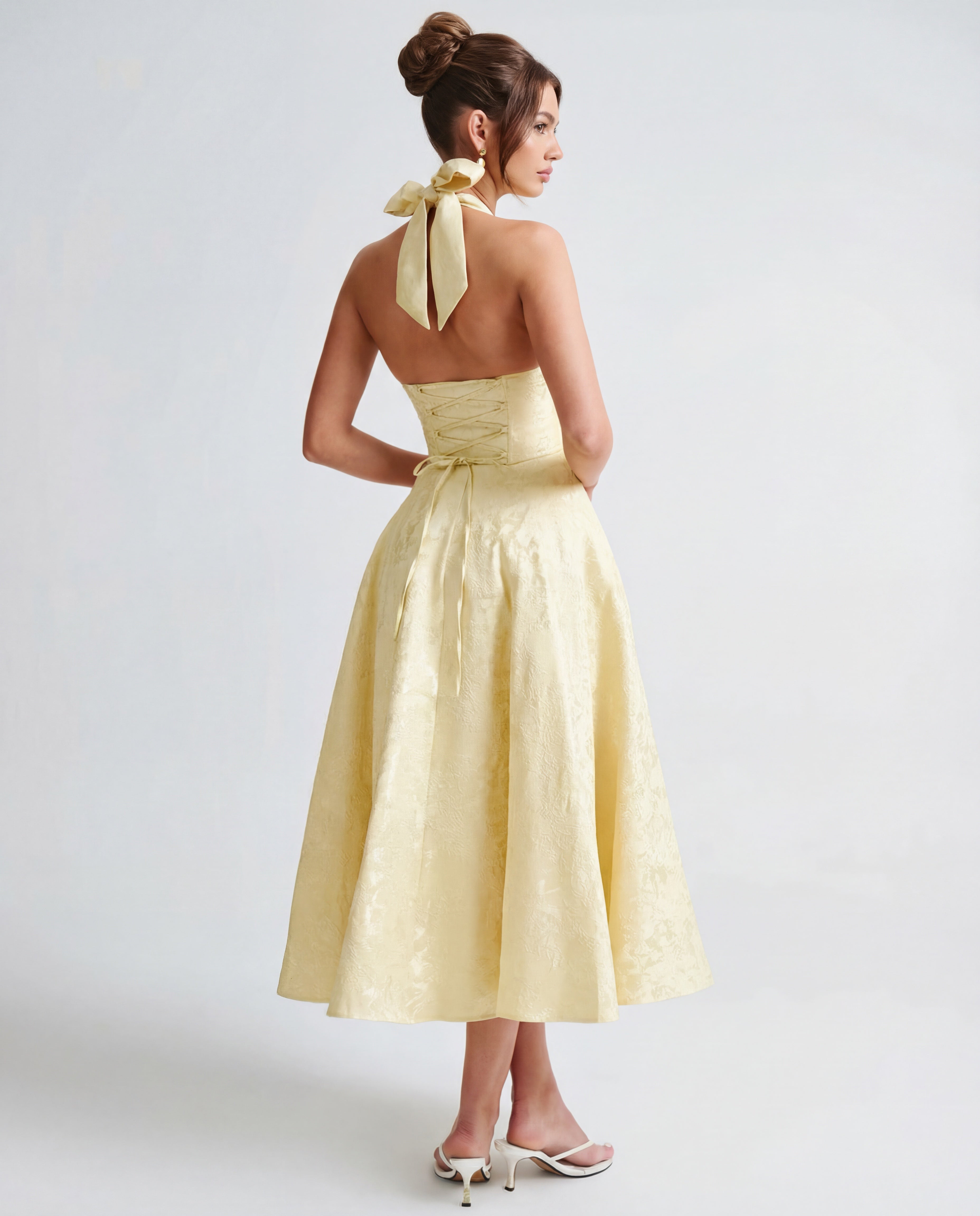 Evelyn | Halterneck Bustier Textured Jacquard Midi Dress Evelyn | Halterneck Bustier Textured Jacquard Midi Dress