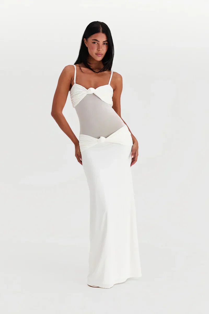 mesh front dress Printed Mesh Knot Front Long Sleeve Midi Dress