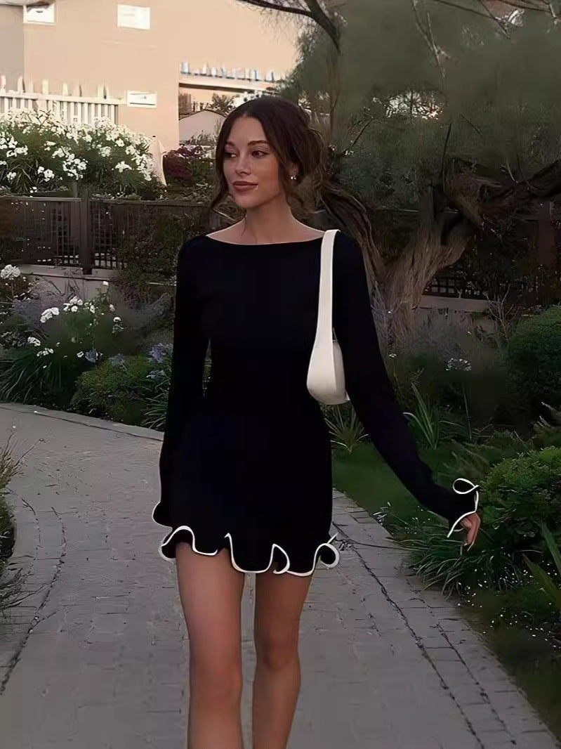 Elegant Colorblock Wave Hem A-Line Long Sleeve Dress | LouLou Couture