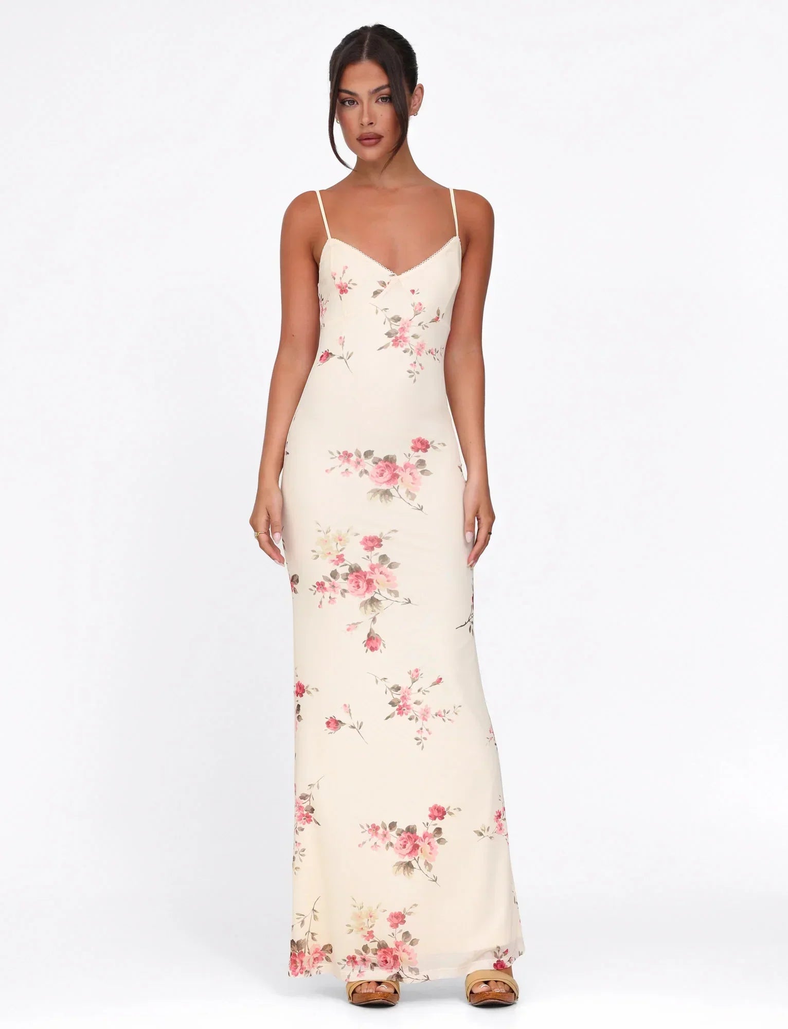 Julie | Elegant Printed Sleeveless  Rose Stripe Flowy Maxi Dress