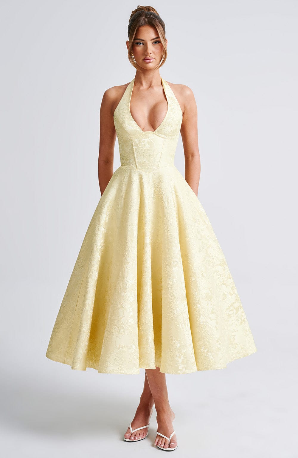 Rosie | Floral Jacquard Halter Midi Dress Rosie | Floral Jacquard Halter Midi Dress