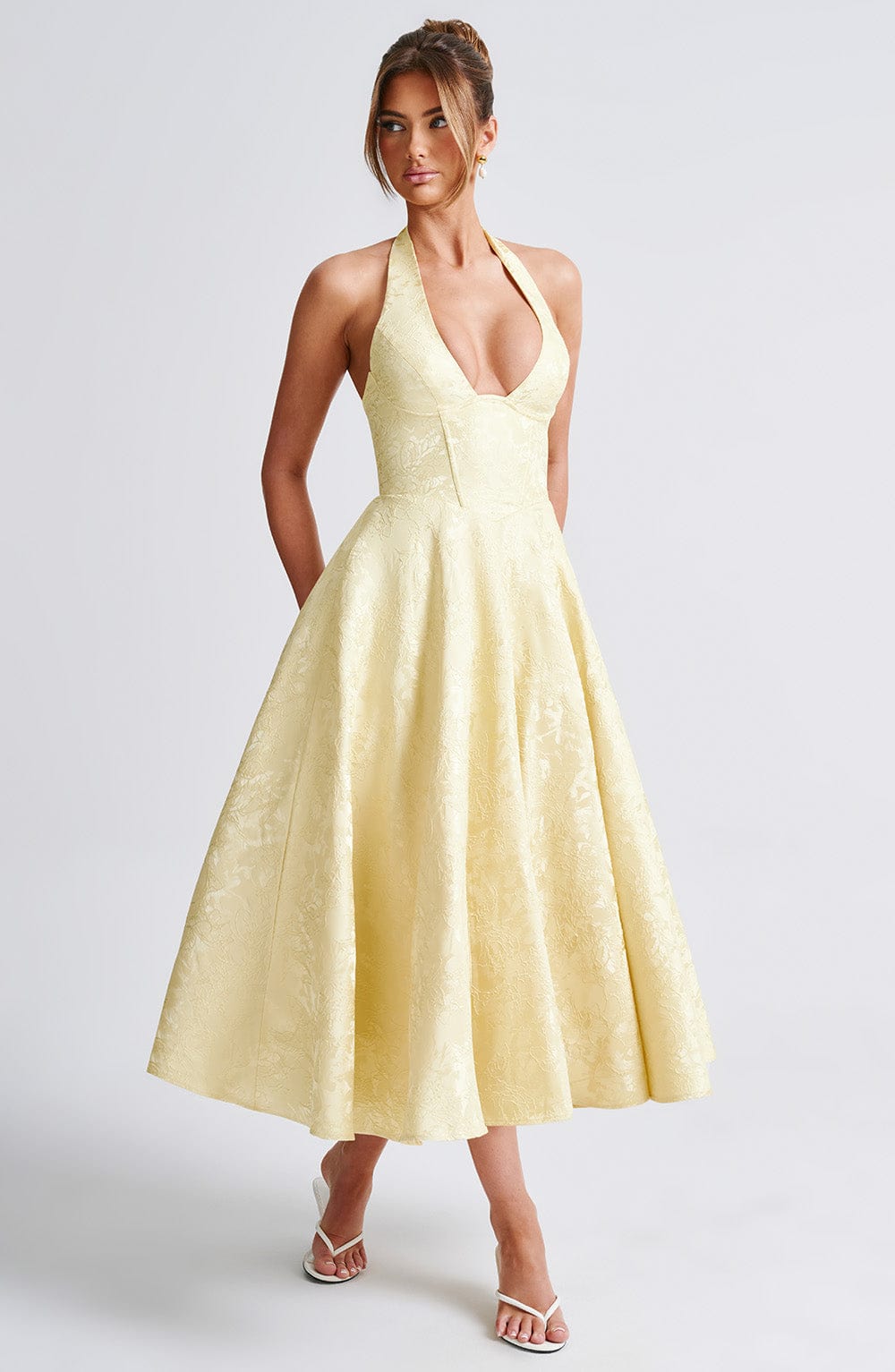 Rosie | Floral Jacquard Halter Midi Dress Rosie | Floral Jacquard Halter Midi Dress