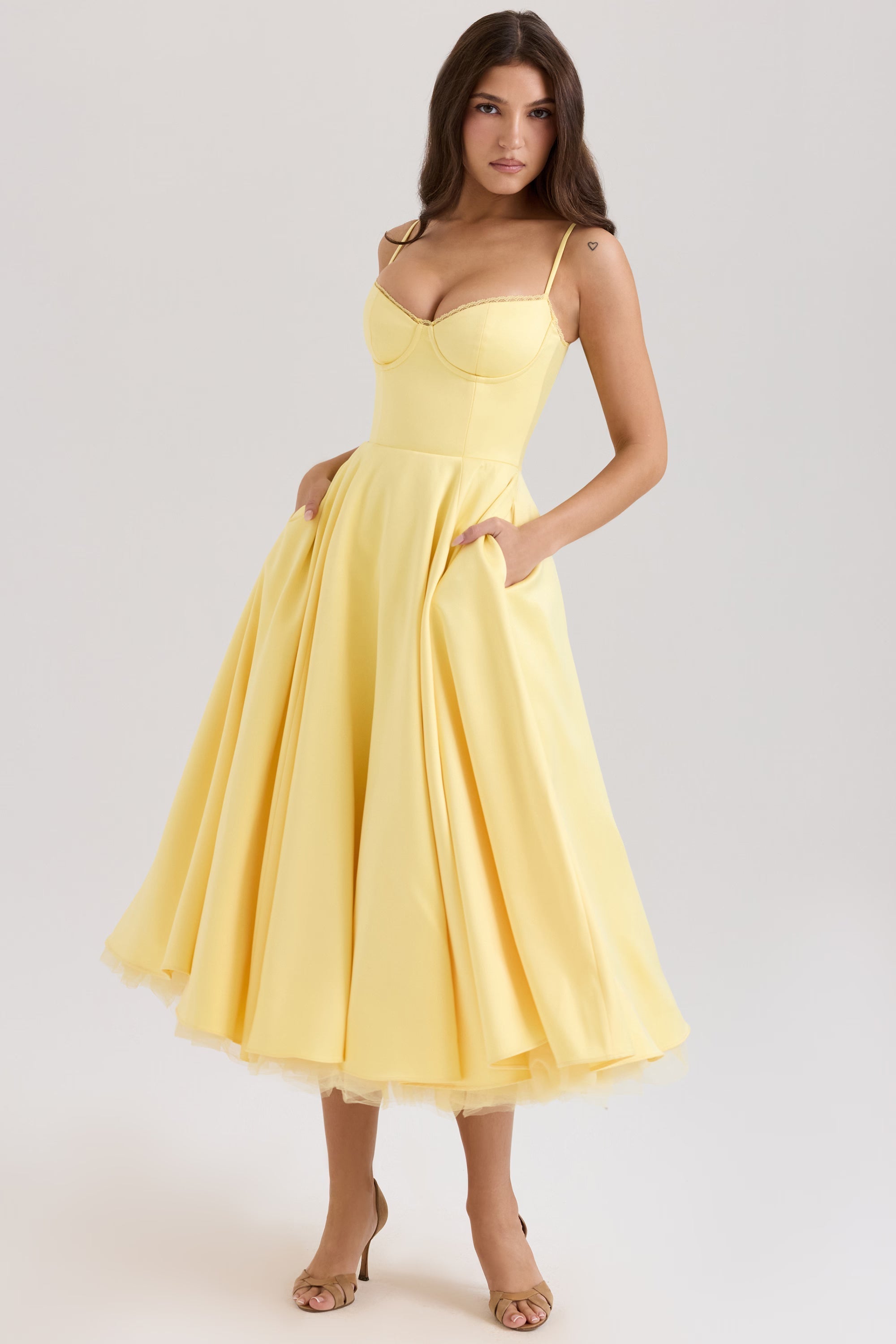 V-Neck Sculpted Midi Dress – Soft Gathered Bodice Summer Gown