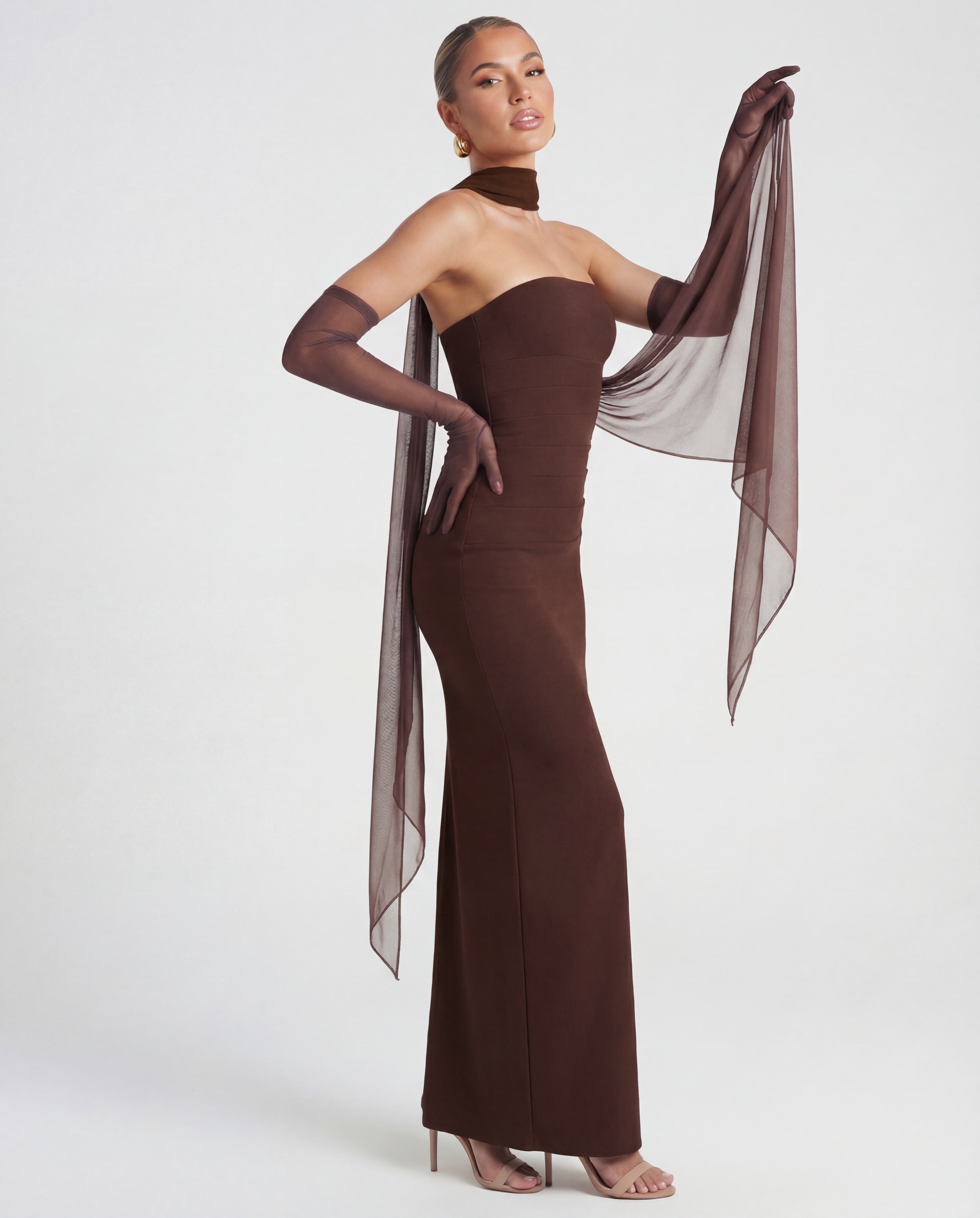 Ella | Strapless Sculpting Maxi Dress with Removable Mesh Scarf Ella | Strapless Sculpting Maxi Dress with Removable Mesh Scarf