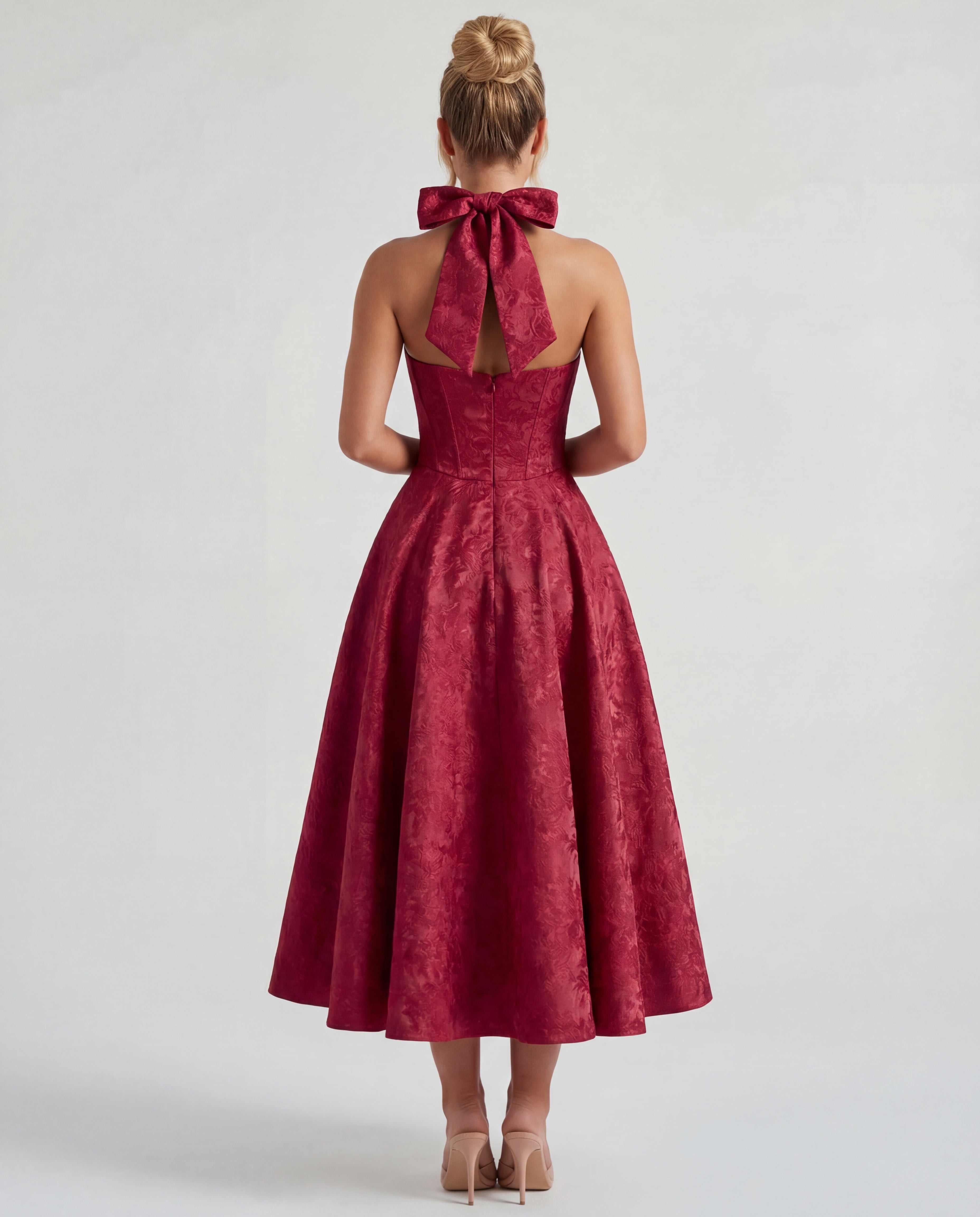 Evelyn | Halterneck Bustier Textured Jacquard Midi Dress Evelyn | Halterneck Bustier Textured Jacquard Midi Dress